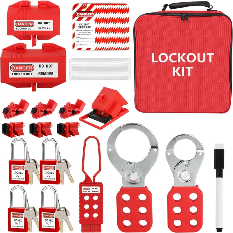 Xeoca Lockout Tagout Kit Electrical Loto 33Pcs - Safety Padlocks Clamp-On Circuit Breaker Lockout, Group Lockout Hasps, Lockout Tag, Universal Multi- Pole Breaker and Red Carrying Bag - Image 1
